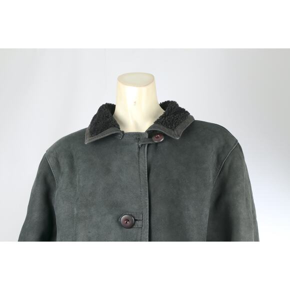 Vintage Dark Green Shearling Suede Coat Warm Winter Leather Trim Jacket Size M - Picture 3 of 16